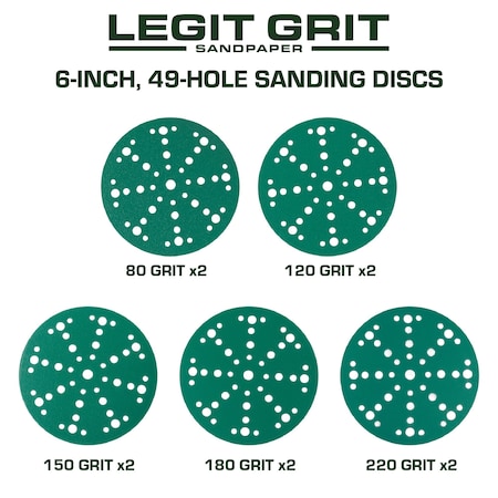 Legit Grit 6 inch Sand paper Disc, 49-Hole, Mixed Grit - Sample, GRITS: 80/120/150/180/220 2 of each, 10PK LG6-49SAMP1-10